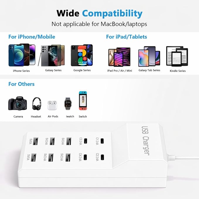 USB Charging Station, 4 USB-C and 6 USB-A Ports USB Charging Block, USB Power Strip for Multiple Devices