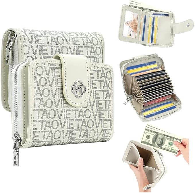Credit Card Wallets for Women, Leather Cardholder with Zipper Around, Small Rfid Ladies Wallet, Accordion Compact Bifold Purse for Travel, 19 Card Slots, ID Window, Cash Organizer - White