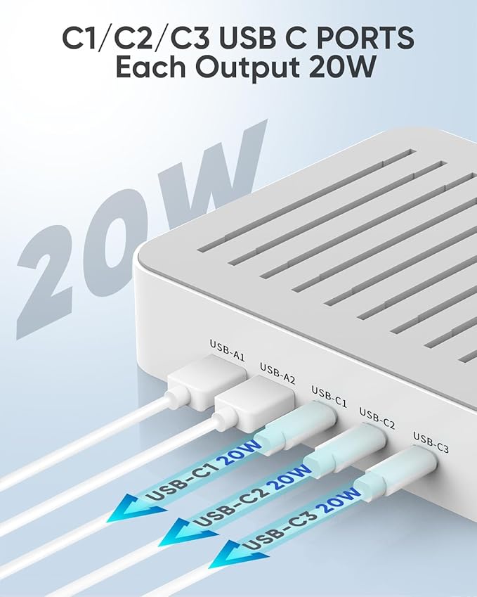 MSTJRY USB C Charging Station for Multiple Devices : 90W 5 Ports Multi Fast Charger for iPhone iPad Tablets Phone - Charging Dock Organizer with Adjustable Dividers for Home Office Classroom