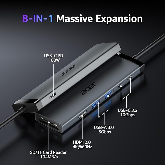 Acer 8 in 1 USB C Hub 10Gbps, USBC to HDMI Adapter 4K@60Hz, 2×USB-C 3.2, 2×USB A 3.0 Data Transfer, 100W PD Port Type C Multiport Splitter with SD/TF Card Reader, for MacBook Neo, Laptop, PC, Desktop