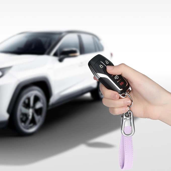 QBUC Genuine Leather Car Keychain,Universal Heavy Duty Metal Key Chain Accessories,Car Fob Key Keychain Holder with 360 Degree Rotatable Snap Swivel and Anti-Lost D-Ring for Men Women(Lavender Purple)