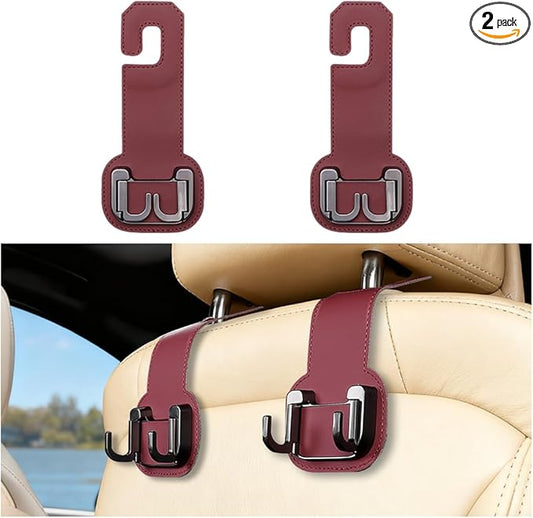 2PCS Car Seat Back Storage Hook, Foldable Metal Vehicle Headrest Dual Hook for Purses Handbags Groceries, Multifunctional Auto Interior Hanger Accessories, Universal Fit (Red)