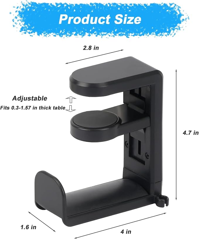 Universal Headphone Stand & Headset Holder - 360° Swivel Under Desk Headphone Hook with Cable Management Clip (Black)