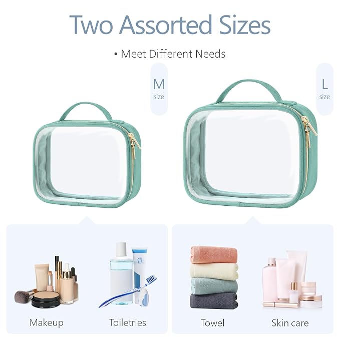 PACKISM Clear Makeup Bag Combo Pack, 1 TSA Approved Medium & Large for Checked Luggage, Clear Toiletry Bag with Handle, Water-resistant Travel Essentials Organizer, Turquoise Green