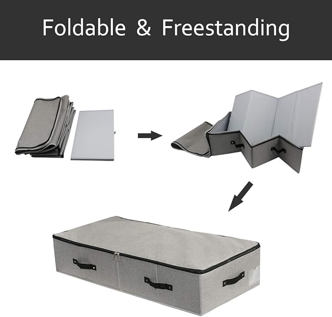 AMJ Large Sturdy Underbed Storage Box with Zip Lid, Rigid Sturdy Plastic Board inside, Handles on all sides, Dark Gray