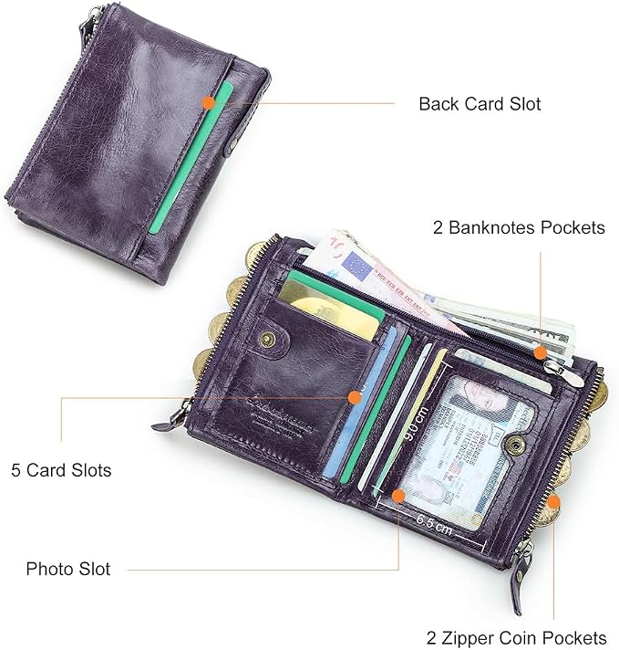 CONTACTS Soft Leather Wallet for Women Small Bifold Coin Purse Double Zipper Card Holder with RFID Blocking (Eggplant Purple)