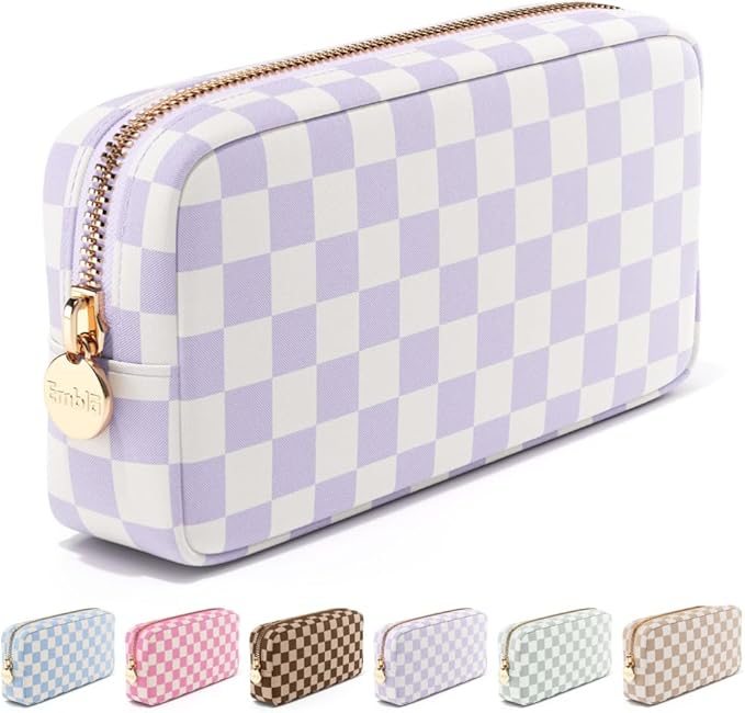 Makeup Bag Travel Cosmetics Pouch and Toiletry Bag, Nylon Zipper Pouch Purse, Cute Make Up Organizer Storage Tote for Women Girls, Travel Skincare Case, Small Makeup Case, Dusty Rose Checkered