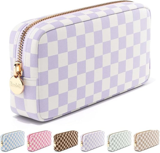 Makeup Bag Travel Cosmetics Pouch and Toiletry Bag, Nylon Zipper Pouch Purse, Cute Make Up Organizer Storage Tote for Women Girls, Travel Skincare Case, Small Makeup Case, Dusty Rose Checkered