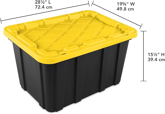 27 Gallon Plastic Storage Container with Snap-On Lid, Heavy-Duty Industrial Tote, Black and Yellow, 28.5x19.6x15.5 Inches, 6 Pack (6, Black/Yellow)