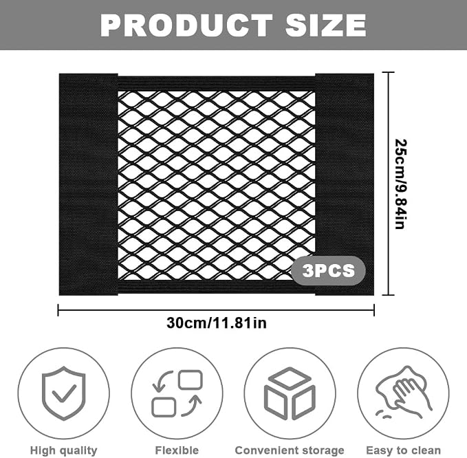 AOOWU Universal Mesh Cargo Net 3 Pack, Small Elastic Net Pocket Storage with Magic Adhesive, Wall Sticker Organizer Pouch Bags, Car Trunk Organizer Holder Netting Bag for Rv Automotive SUV Truck Boat