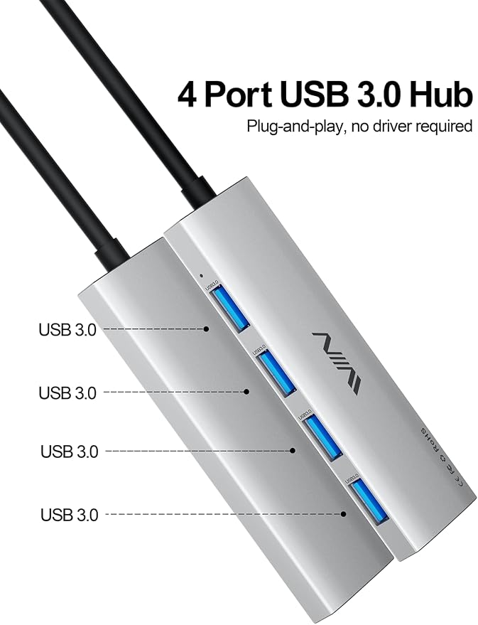 USB 3.0 Hub, 4 Port USB Hub Splitter, USB A Expander Portable USB Adapter Multiport Data Hub for Laptop, iMac Pro, MacBook Air, Mac mini/Pro, Surface Pro, USB Flash Drives, and Mobile HDD-Sliver