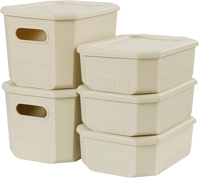 ANMINY 5PCS Plastic Storage Bins Containers with Lids, Large Storage Organization Bins Boxes, Lidded Plastic Storage Baskets for Closet Shelves Desktop, Ivory Lids, 2M + 3S