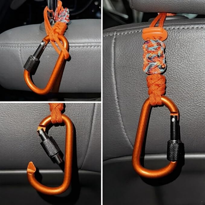 Car Seat Back Hooks 2 Pack - Heavy Duty Rope & Metal Buckle Car Hangers, No Wobble Multi-Purpose Organizer for Grocery Bags, Backpacks, Umbrellas, Trash Bags (Fit Most Vehicles) Orange