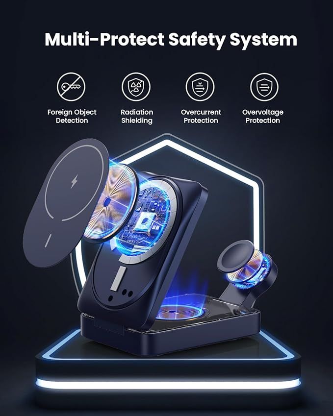 3 in 1 Wireless Charger Charging Station for iPhone,Travel Foldable Magnetic 15W Fast Wireless Charger Stand for Mag-Safe with 30W USB C Adapter for iPhone 17/16/15/14/13/12,Apple Watch,AirPods