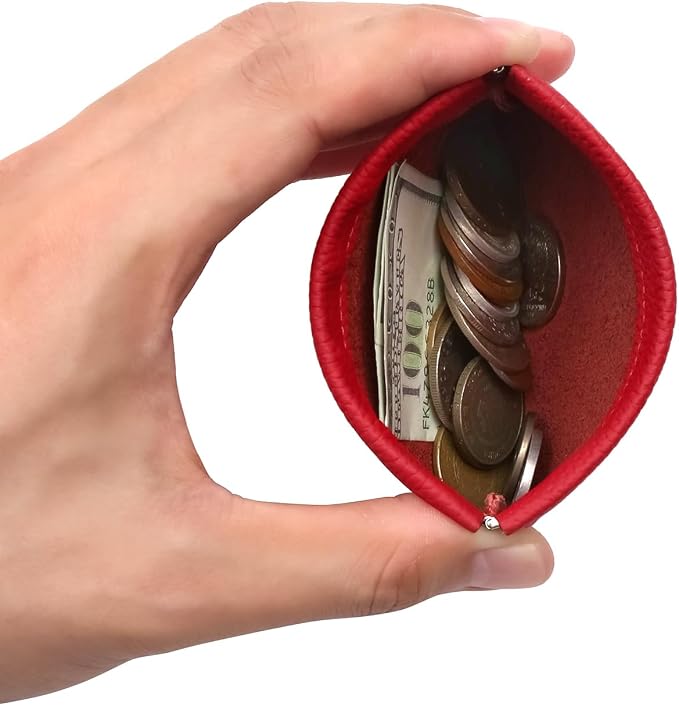 Genuine Leather Squeeze Coin Purse Pouch Change Holder For Men & Women Mini Change Purse Pouch for Pocket, Small Pouch Credit Card Key Headset Lipstick Holder (Red)