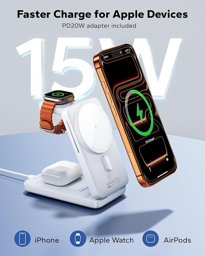 KPON 3-in-1 for Magsafe Charging Station, Foldable Travel Charger Stand for Apple, Wireless Magnetic Charging Dock for Multiple Devices iPhone 17 16 15 14 13 12 Series/Apple Watch/Airpods