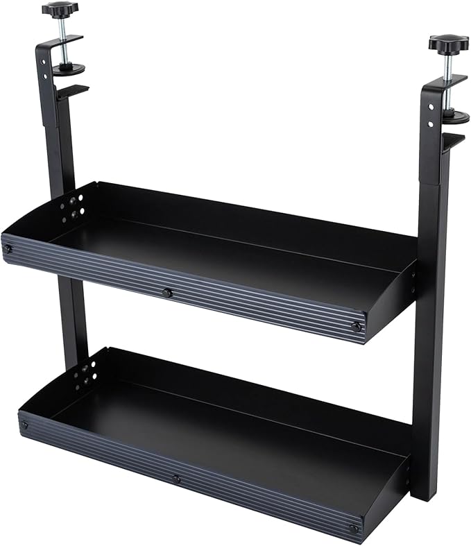 Clamp-on Desk Shelf, Desktop or Under-Desk 2-Tier Shelving Unit with Adjustable Metal Storage Tray, Clip-on Desk Shelf Office Organization (Black)