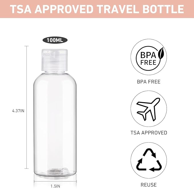 10 Pack 3.4 oz Travel Bottles for Toiletries TSA Approved Leak Proof Travel Size Containers Plastic Empty Shampoo Bottles with Labels Squeeze Bottle Toiletry Essentials(Clear)
