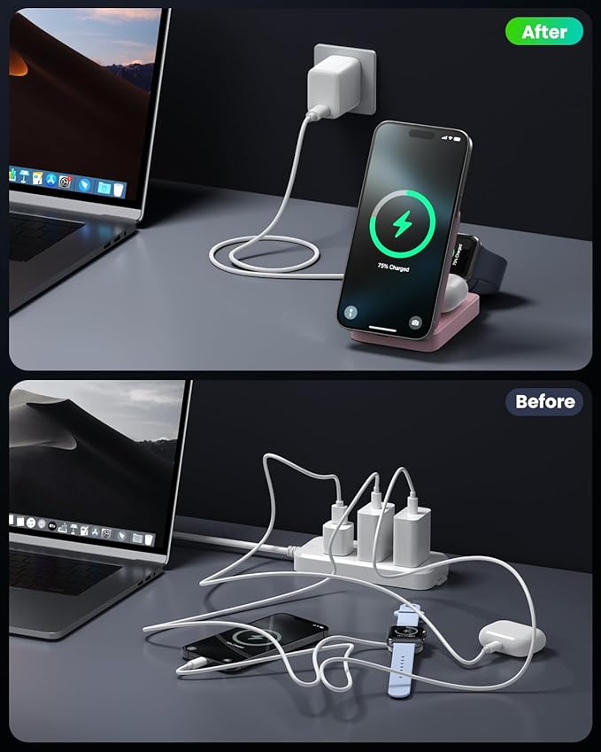 3 in 1 Wireless Charger Charging Station for iPhone,Travel Foldable Magnetic 15W Fast Wireless Charger Stand for Mag-Safe with 30W USB C Adapter for iPhone 17/16/15/14/13/12,Apple Watch,AirPods