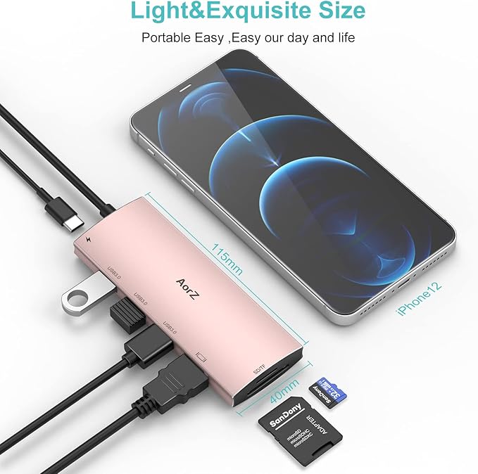 USB C Hub, USB Hub to HDMI Multiport AorZ USB C Dongle Adapter 7 in 1 with HDMI Output,3 USB 3.0 Ports,SD/Micro SD Port,PD Charging Port USB C HUB (Pink)