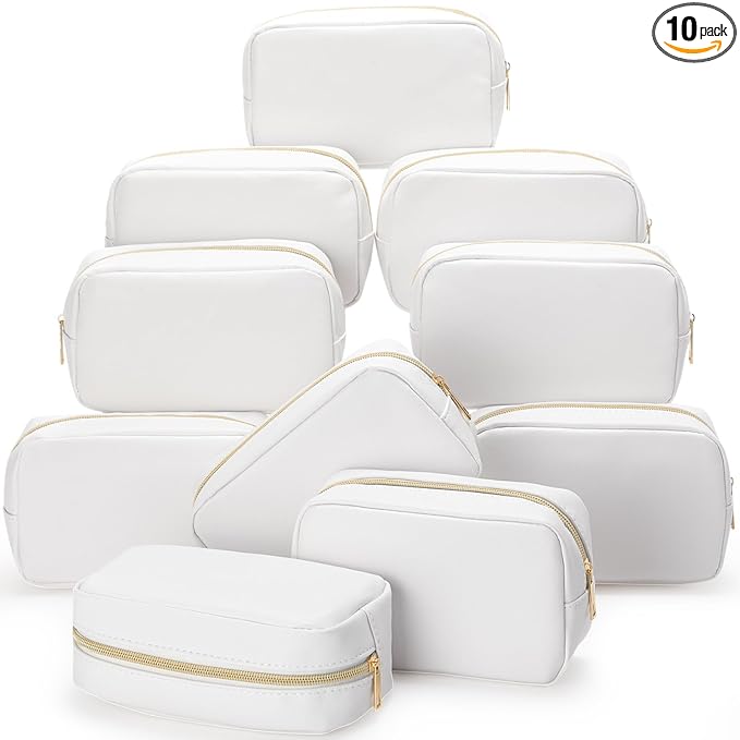 Sweetude 10 Pcs Makeup Bag Bulk for Women Preppy Gift PU Leather Cosmetic Bag Small Skincare Toiletry Pouch Mother Travel Cosmetic Pouch for Bridesmaid Bride Wedding Gift Favors (White)