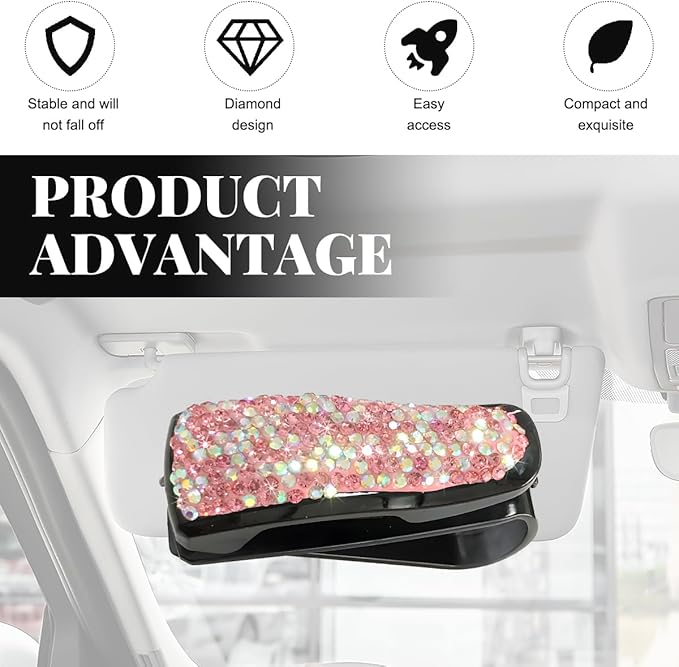 Wevdn 2 PCS Car Sun Visor Glasses Holder, Fashion Bling Car Eyeglasses Sunglasses Hanger for Women Girls, Glasses Holder Clip Hanger Mount with Ticket Card Clip, Car Accessories (Pink Colorful)