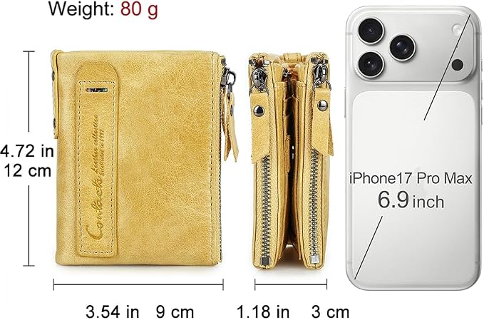 CONTACTS Soft Leather Wallet for Women Small Bifold Coin Purse Double Zipper Card Holder with RFID Blocking (Yellow)