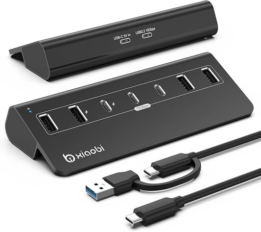 USB C Hub,USB Hub Powered with 5V 3A Power Adapter, 10Gbps USB Splitter with 4 USB-A and 3 USB-C Ports, 7-Port Type C Multiport Adapter for MacBook Air/Pro, iPhone 16/15, Laptop and More(Black)