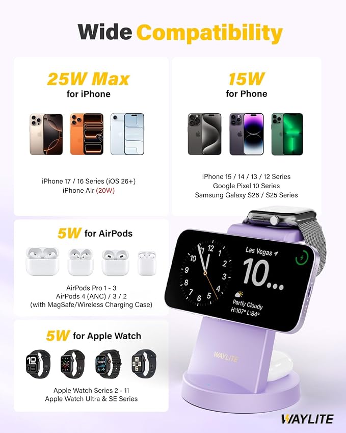 3 in 1 Fast Charging Station for iPhone, 25W Wireless Magnetic Phone Charger for iPhone 17 16e 16 15 14 13 12 Serise, Watch Charger Stand, Wireless Charging Station for AirPods 4 3 Pro, Purple