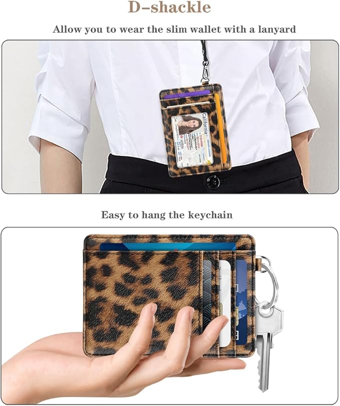 Coco Rossi Slim Front Pocket Wallet RFID Leather ID Card Holder Cute Small Wallet with Keychian for Women,Brown Leopard