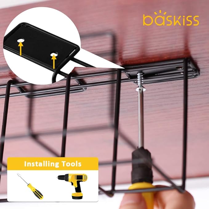 2 Packs Cable Management Tray, 16" Under Desk Organizer for Wire Organization, Metal Holder for Desktop Computer Home Office Kitchen Workstation to Cover and Hide Power Strips (Black)