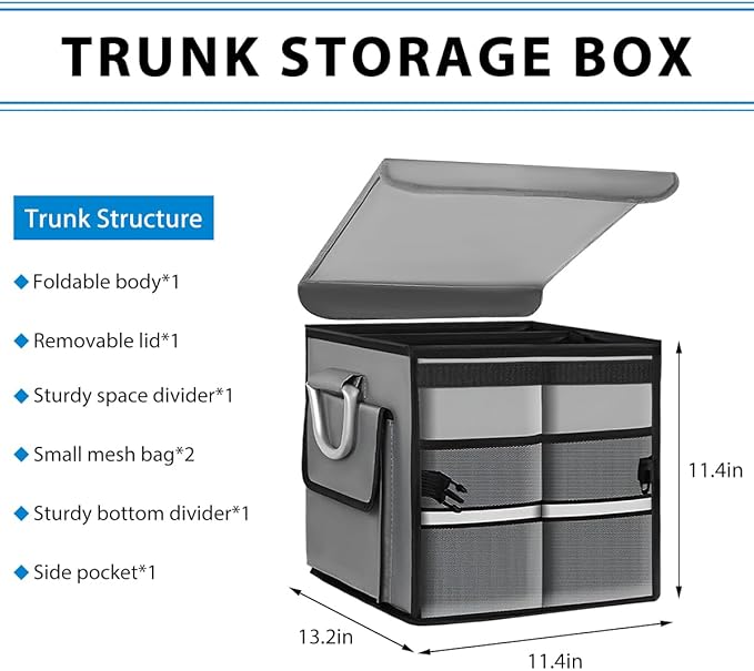 Car Trunk Organizer With Lid, 28L Collapsible Waterproof Oxford Fabric Trunk Organizer with Aluminum Handle, Portable 2-Compartment Cargo Storage Box for SUV, Truck, Sedan (Gray)