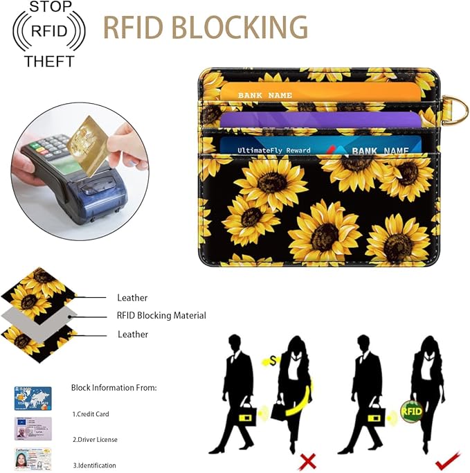 Slim Minimalist Pocket Credit Card Holder Wallet RFID Blocking Lightweight Thin Small Cute Card Cases,Sunflowers