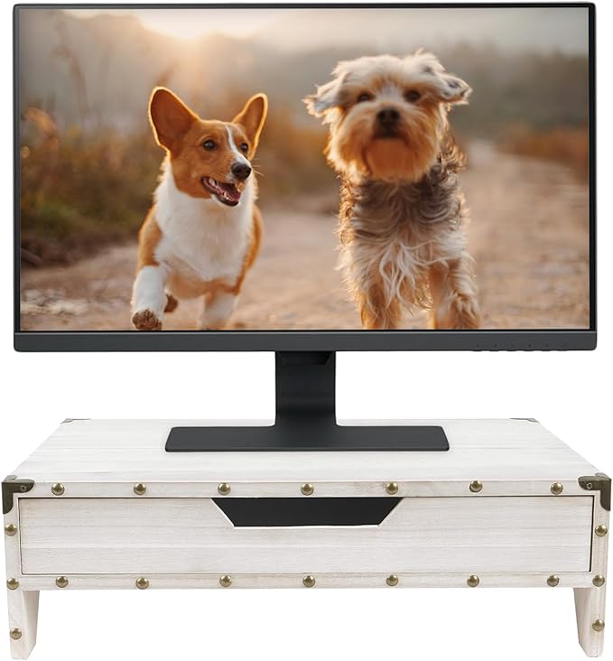 Ikee Design Wooden 2 Tier Monitor Stand with Drawer,Wood Desktop Stands for Laptop ,TV, Computer Riser,Wooden Clutter-Free Desk Storage Organizer,16 1/2 W x 10 1/4 D x 5 1/8 H in, White