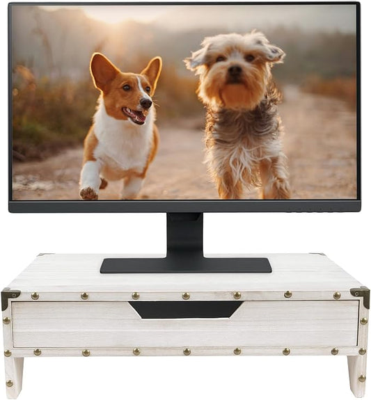 Ikee Design Wooden 2 Tier Monitor Stand with Drawer,Wood Desktop Stands for Laptop ,TV, Computer Riser,Wooden Clutter-Free Desk Storage Organizer,16 1/2 W x 10 1/4 D x 5 1/8 H in, White