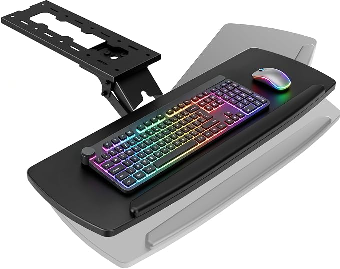 Keyboard Tray Under Desk with Storage Drawer, Height Adjustable Keyboard Tray Slide Out 360° Swivel Tilt, Ergonomic Under Desk Mount Keyboard & Mouse Holder for Gaming Home Office