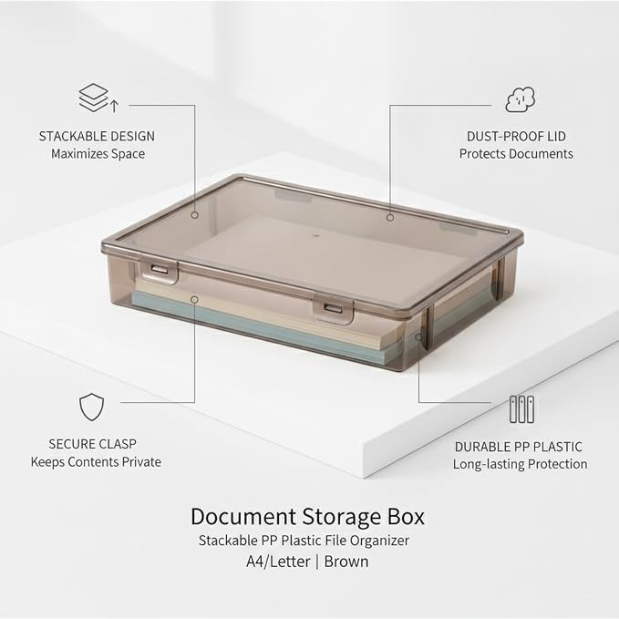 Stackable Document Storage Box with Lid, Rigid PP Plastic File Organizer for Letter & A4 Papers, Brown