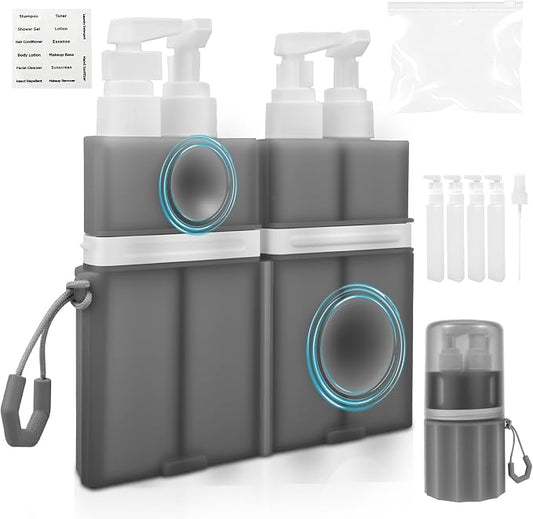 4 in 1 Travel Toiletry Containers, Leak Proof TSA Approved Travel Size Bottles Set with Suction Cup Wall Mount, Refillable Dispenser for Shampoo, Lotion, Soap, Gym & Essentials (Grey)