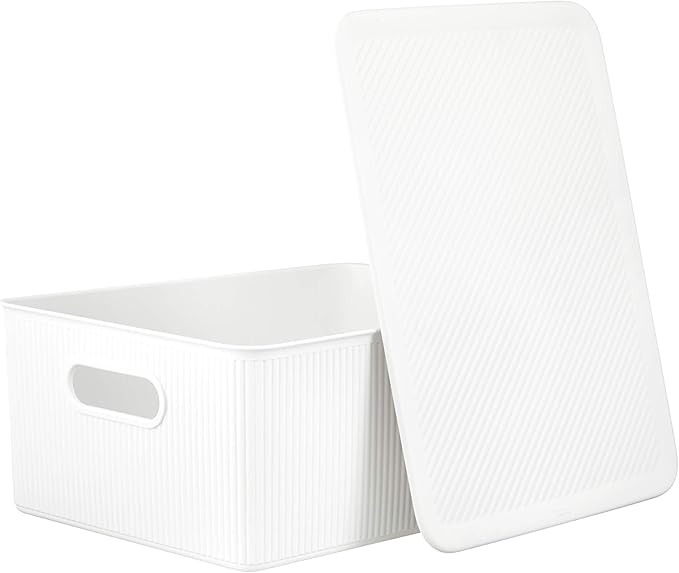 Superio Ribbed Collection - Decorative Plastic Basket Lidded Home Storage Bins Organizer, Large White (1 Pack - 15 Liter) Stackable Container Box, for Organizing Closet Storage Bins for Shelves