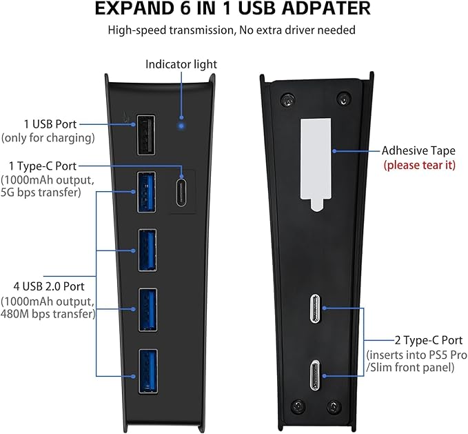 6 Ports USB Hub for PS5 Pro/Slim Console, High-Speed Expander Hub Charger Port with 4 USB-A 2.0 + 1 USB Charging Port + 1 Type C Port, Compatible with PlayStation 5 Pro/Slim Front Jacks