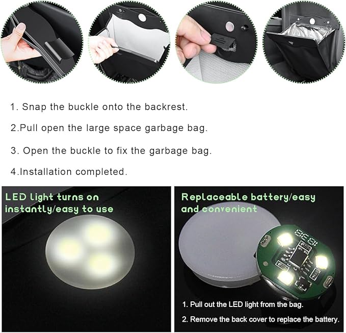 Smart LED Car Trash Can, Magnetic Leather Passenger Side Storage Pocket with Disposable Rubbish Bags, Waterproof Garbage Bag Multipurpose Hanging Container for Back Seat (Beige)