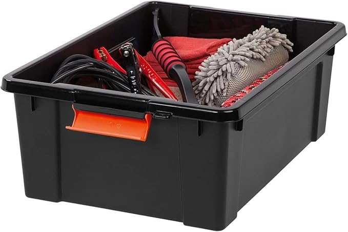 IRIS USA 4 Pack 12 Gallon Lockable Storage Bins, Heavy Duty Stackable Containers with Lids for Garage Organization or Moving, Black/Orange
