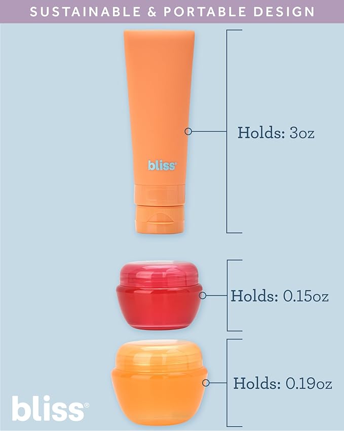 Bliss Travel Bottles Set - 4/7/10 Piece TSA Approved Leak-Free Refillable Travel Size Toiletries Containers for Skincare, Lotion, Shampoo, and Conditioner, 7pc Amalfi Vibes