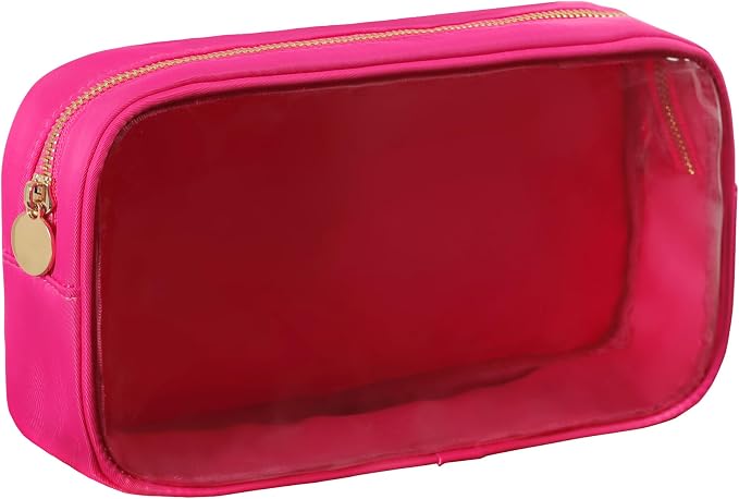 Travel Essentials Makeup Bag for Women Water-resistant Toiletry Organizer Nylon Cosmetic Pouch Preppy Stuff Clear (M,HotPinkClear)