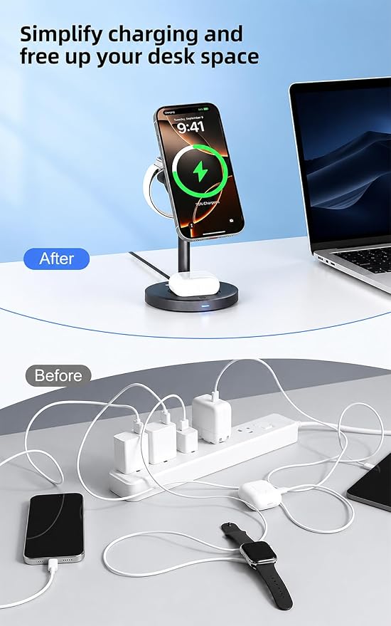 25W Wireless Charger 3 in 1 Magnetic Charging Station with TEC Active Cooling, Qi2.2 Certified Fast Charging Stand for iPhone 17 Pro Max/16/15, Apple Watch & AirPods, 65W Adapter Included