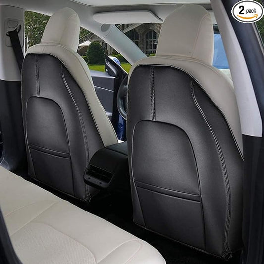 BASENOR 2026 Tesla Model Y(Juniper)/3/S/X Leather Seat Back Kick Protector, Backseat Mats for Kids - Extra Organizer Pocket, Waterproof Scratchproof Resistant Protection Black (Set of 2)