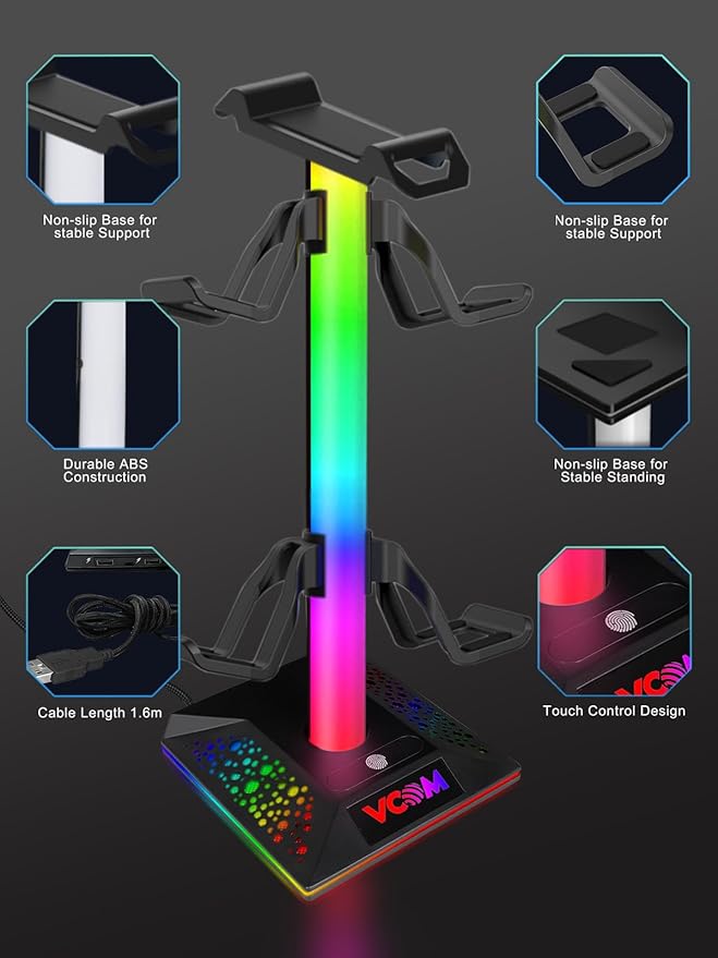 VCOM RGB Gaming Headphones Stand with 2 USB and 1 Type-C Ports, Headset Stand with 10 Light Modes and Non-Slip Rubber,Suitable for All Earphone Accessories, Best Gift for Desk Gamers