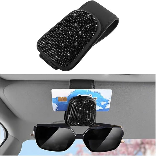 HZEL Bling Sunglass Holder for Car Sun Visor, Magnetic Leather Crystal Rhinestones Vehicle Eyeglasses Visor Clip, Diamond Automotive Glasses Hanger Mount, Universal for SUV RV Truck (Black)