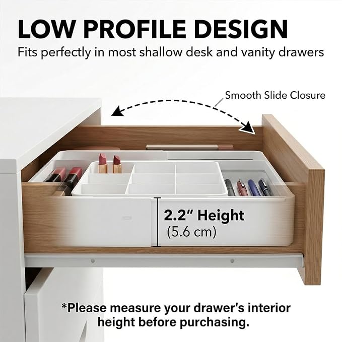 4-Way Expandable Drawer Organizer, Up to 13 Compartments Desk Divider with 6 Adjustable Dividers & Non-Slip Pads, Low Profile Tray (2.2" Tall) for Office, Makeup Vanity, White