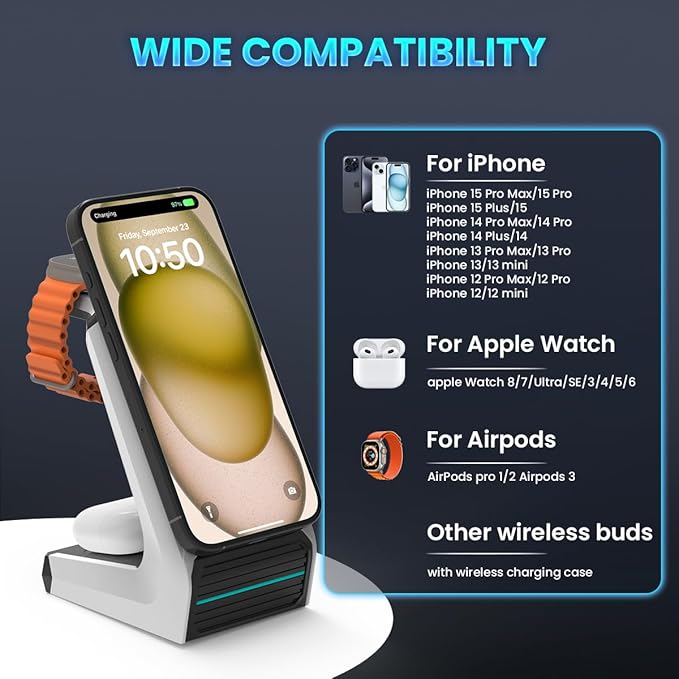 JoyGeek 3-in-1 Wireless Charging Station,Charger Stand for iPhone 15/14/13/12 Series, Fast Magnetic Charging Dock for Watch Ultra 2/9/8/7/6/SE/5/4/3/2,AirPods Pro 3/2